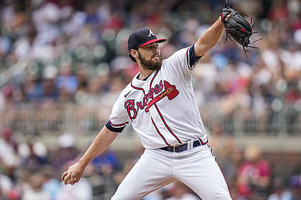 Jul 10, 2022; Cumberland, Georgia, USA; Atlanta Braves starting pitcher Ian Anderson (36) pitches against the Washington Nationals  during the first inning at Truist Park. Mandatory Credit: Dale Zanine-USA TODAY Sports