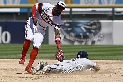 Jul 10, 2022; Chicago, Illinois, USA;  Chicago White Sox second baseman Josh Harrison (5) tags out Detroit Tigers center fielder Riley Greene (31) on an attempted steal during the third inning at Guaranteed Rate Field. Mandatory Credit: Matt Marton-USA TODAY Sports