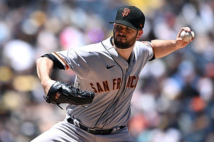 Jul 10, 2022; San Diego, California, USA; San Francisco Giants starting pitcher Alex Wood (57) throws a pitch against the San Diego Padres during the first inning at Petco Park. Mandatory Credit: Orlando Ramirez-USA TODAY Sports