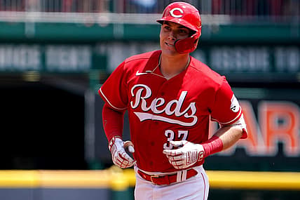 Cincinnati Reds catcher Tyler Stephenson (37) rounds the bases after hitting a two-run home run during the third inning of a baseball game against the Tampa Bay Rays, Sunday, July 10, 2022, at Great American Ball Park in Cincinnati.

Tampa Bay Rays At Cincinnati Reds July 10 0043