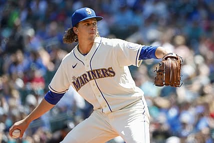 Jul 10, 2022; Seattle, Washington, USA; Seattle Mariners starting pitcher Logan Gilbert (36) throws against the Toronto Blue Jays during the first inning at T-Mobile Park. Mandatory Credit: Joe Nicholson-USA TODAY Sports