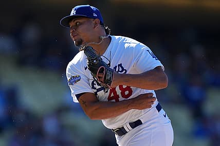 Jul 10, 2022; Los Angeles, California, USA; Los Angeles Dodgers relief pitcher Brusdar Graterol (48) celebrates at the end of the game against the Chicago Cubs at Dodger Stadium. Mandatory Credit: Kirby Lee-USA TODAY Sports
