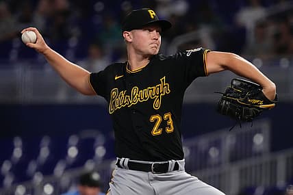 Jul 11, 2022; Miami, Florida, USA; Pittsburgh Pirates starting pitcher Mitch Keller (23) delivers a pitch in the first inning against the Miami Marlins at loanDepot park. Mandatory Credit: Jasen Vinlove-USA TODAY Sports