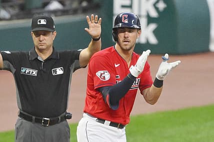 Jul 11, 2022; Cleveland, Ohio, USA; Cleveland Guardians right fielder Nolan Jones (33) celebrates his two-RBI double in the fifth inning against the Chicago White Sox at Progressive Field. Mandatory Credit: David Richard-USA TODAY Sports