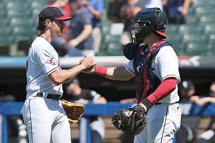 Jul 12, 2022; Cleveland, Ohio, USA; Cleveland Guardians starting pitcher Shane Bieber (57) and catcher Austin Hedges (17) celebrate after the Guardians beat the Chicago White Sox at Progressive Field. Mandatory Credit: Ken Blaze-USA TODAY Sports