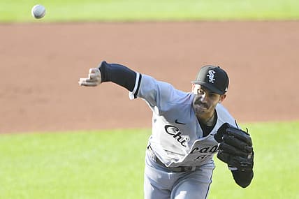 Jul 12, 2022; Cleveland, Ohio, USA; Chicago White Sox starting pitcher Dylan Cease (84) delivers a pitch in the first inning against the Cleveland Guardians at Progressive Field. Mandatory Credit: David Richard-USA TODAY Sports