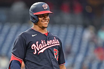 Jul 6, 2022; Philadelphia, Pennsylvania, USA; Washington Nationals right fielder Juan Soto (22) against the Philadelphia Phillies at Citizens Bank Park. Mandatory Credit: Eric Hartline-USA TODAY Sports