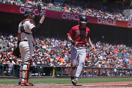 Jul 13, 2022; San Francisco, California, USA; Arizona Diamondbacks center fielder Jake McCarthy (30) scores a run during the second inning against the San Francisco Giants at Oracle Park. Mandatory Credit: Sergio Estrada-USA TODAY Sports