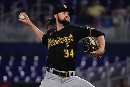 Jul 13, 2022; Miami, Florida, USA; Pittsburgh Pirates starting pitcher JT Brubaker (34) delivers a pitch in the first inning against the Miami Marlins at loanDepot park. Mandatory Credit: Jasen Vinlove-USA TODAY Sports