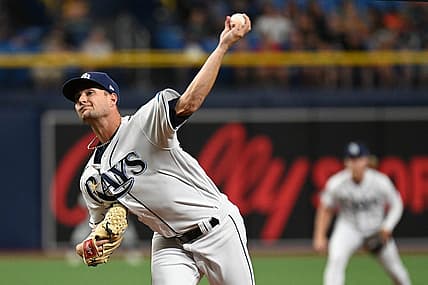 Jul 13, 2022; St. Petersburg, Florida, USA; Tampa Bay Rays starting pitcher Shane McClanahan (18) throws a pitch in the first inning against the Boston Red Sox at Tropicana Field. Mandatory Credit: Jonathan Dyer-USA TODAY Sports