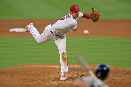 Jul 13, 2022; Anaheim, California, USA; Los Angeles Angels starting pitcher Shohei Ohtani (17) throws a pitch in the third inning against the Houston Astros at Angel Stadium. Mandatory Credit: Jayne Kamin-Oncea-USA TODAY Sports