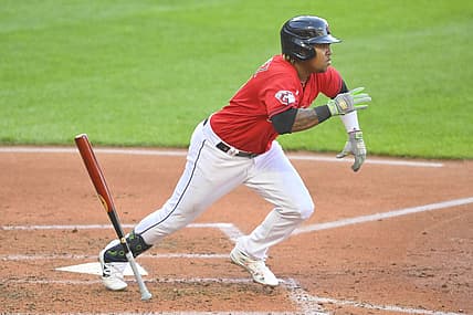 Jul 14, 2022; Cleveland, Ohio, USA; Cleveland Guardians third baseman Jose Ramirez (11) runs after hitting an RBI single in the third inning against the Detroit Tigers at Progressive Field. Mandatory Credit: David Richard-USA TODAY Sports
