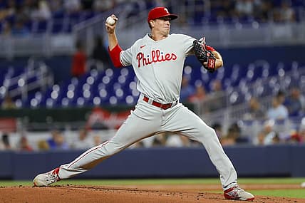 Jul 15, 2022; Miami, Florida, USA; Philadelphia Phillies starting pitcher Kyle Gibson (44) delivers a pitch during the first inning against the Miami Marlins at loanDepot Park. Mandatory Credit: Sam Navarro-USA TODAY Sports