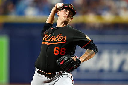 Jul 15, 2022; St. Petersburg, Florida, USA;  Baltimore Orioles starting pitcher Tyler Wells (68) throws against the Tampa Bay Rays in the second inning at Tropicana Field. Mandatory Credit: Nathan Ray Seebeck-USA TODAY Sports