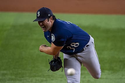 Jul 15, 2022; Arlington, Texas, USA; Seattle Mariners starting pitcher Robbie Ray (38) pitches against the Texas Rangers during the first inning at Globe Life Field. Mandatory Credit: Jerome Miron-USA TODAY Sports