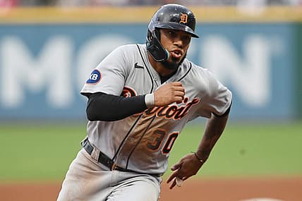 Jul 15, 2022; Cleveland, Ohio, USA; Detroit Tigers first baseman Harold Castro (30) rounds third base en route to scoring during the fourth inning against the Cleveland Guardians at Progressive Field. Mandatory Credit: Ken Blaze-USA TODAY Sports
