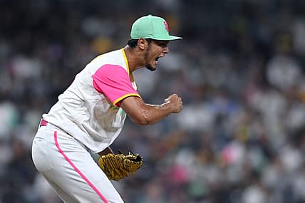 Jul 15, 2022; San Diego, California, USA; San Diego Padres starting pitcher Yu Darvish (11) reacts after a strikeout to end the top of the seventh inning against the Arizona Diamondbacks at Petco Park. Mandatory Credit: Orlando Ramirez-USA TODAY Sports