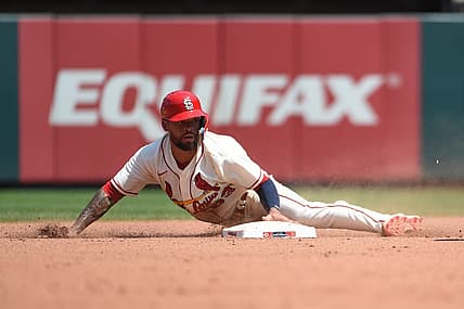 Jul 16, 2022; St. Louis, Missouri, USA; St. Louis Cardinals shortstop Edmundo Sosa (63) safely steals second base against the Cincinnati Reds in the fourth inning at Busch Stadium. Mandatory Credit: Joe Puetz-USA TODAY Sports