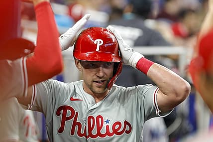 Jul 16, 2022; Miami, Florida, USA; Philadelphia Phillies first baseman Rhys Hoskins (17) celebrates after hitting a home run in the sixth inning against the Miami Marlins at loanDepot Park. Mandatory Credit: Sam Navarro-USA TODAY Sports