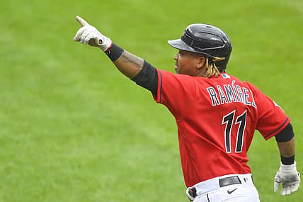 Jul 16, 2022; Cleveland, Ohio, USA; Cleveland Guardians third baseman Jose Ramirez (11) celebrates his three-run home run in the first inning against the Detroit Tigers at Progressive Field. Mandatory Credit: David Richard-USA TODAY Sports