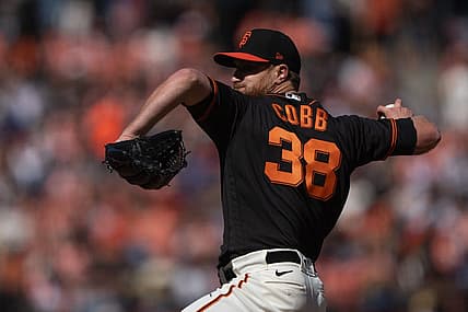 Jul 16, 2022; San Francisco, California, USA; San Francisco Giants starting pitcher Alex Cobb (38) pitches during the first inning against the Milwaukee Brewers at Oracle Park. Mandatory Credit: Stan Szeto-USA TODAY Sports