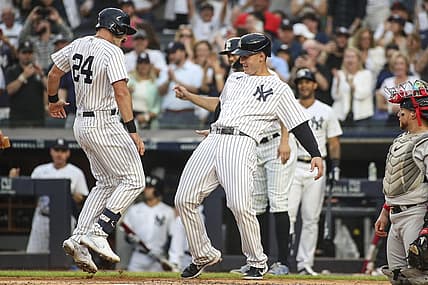Jul 16, 2022; Bronx, New York, USA; New York Yankees right fielder Matt Carpenter (24) celebrates with first baseman Anthony Rizzo (48) after hitting a three run home run in the first inning against the Boston Red Sox at Yankee Stadium. Mandatory Credit: Wendell Cruz-USA TODAY Sports