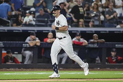 Jul 16, 2022; Bronx, New York, USA; New York Yankees right fielder Matt Carpenter (24) approaches home plate after hitting his second three run home run of the game in the fifth inning against the Boston Red Sox at Yankee Stadium. Mandatory Credit: Wendell Cruz-USA TODAY Sports