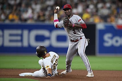 Jul 16, 2022; San Diego, California, USA; Arizona Diamondbacks shortstop Geraldo Perdomo (2) throws to first base after forcing out San Diego Padres second baseman Matthew Batten (37) at second base during the seventh inning at Petco Park. Mandatory Credit: Orlando Ramirez-USA TODAY Sports