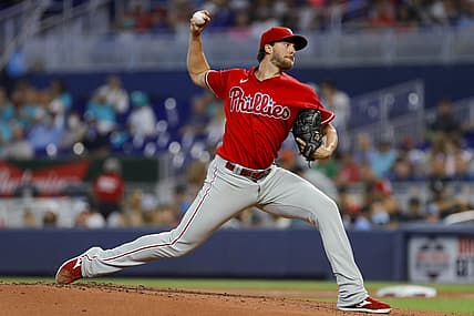 Jul 17, 2022; Miami, Florida, USA; Philadelphia Phillies starting pitcher Aaron Nola (27) delivers a pitch during the first inning against the Miami Marlins at loanDepot Park. Mandatory Credit: Sam Navarro-USA TODAY Sports