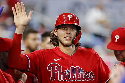 Jul 17, 2022; Miami, Florida, USA; Philadelphia Phillies third baseman Alec Bohm (28) celebrates after scoring during the fourth inning against the Miami Marlins at loanDepot Park. Mandatory Credit: Sam Navarro-USA TODAY Sports