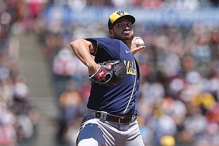 Jul 17, 2022; San Francisco, California, USA; Milwaukee Brewers starting pitcher Aaron Ashby (26) throws a pitch against the San Francisco Giants during the first inning at Oracle Park. Mandatory Credit: Darren Yamashita-USA TODAY Sports