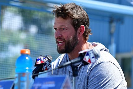 Jul 18, 2022; Los Angeles, CA, USA; Los Angeles Dodgers pitcher Clayton Kershaw speaks during media availabilities at Dodger Stadium. Mandatory Credit: Gary A. Vasquez-USA TODAY Sports