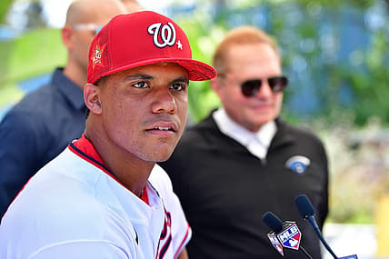 Jul 18, 2022; Los Angeles, CA, USA; Washington Nationals right fielder Juan Soto (22) with agent Scott Boras in attendance during media availabilities at Dodger Stadium. Mandatory Credit: Gary A. Vasquez-USA TODAY Sports