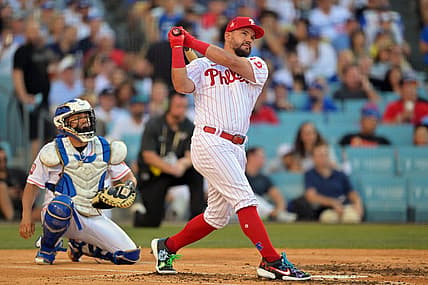 Jul 18, 2022; Los Angeles, CA, USA; Philadelphia Phillies left fielder Kyle Schwarber (12) hits in the first round during the 2022 Home Run Derby at Dodgers Stadium. Mandatory Credit: Jayne Kamin-Oncea-USA TODAY Sports