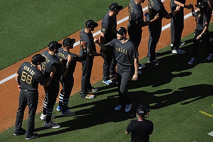 Jul 19, 2022; Los Angeles, California, USA; American League pitcher/designated hitter Shohei Ohtani (17) of the Los Angeles Angels greets teammates during player introductions before the game against the National League at Dodger Stadium. Mandatory Credit: Orlando Ramirez-USA TODAY Sports