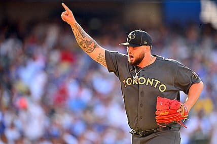 Jul 19, 2022; Los Angeles, California, USA; American League pitcher Alek Manoah (6) of the Toronto Blue Jays reacts after his third strike out against the National League to end the second inning of the 2022 MLB All Star Game at Dodger Stadium. Mandatory Credit: Jayne Kamin-Oncea-USA TODAY Sports