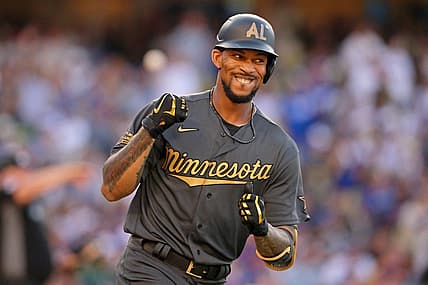 Jul 19, 2022; Los Angeles, California, USA; American League outfielder Byron Buxton (25) of the Minnesota Twins reacts after hitting a home run against the National League during the fourth inning of the 2022 MLB All Star Game at Dodger Stadium. Mandatory Credit: Jayne Kamin-Oncea-USA TODAY Sports