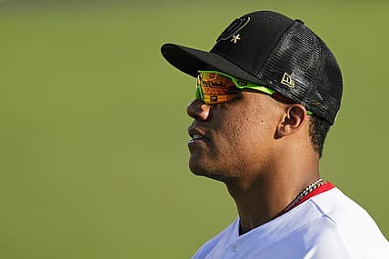 Jul 19, 2022; Los Angeles, California, USA; National League outfielder Juan Soto (22) of the Washington Nationals looks at fans in the outfield during the fourth inning of the 2022 MLB All Star Game at Dodger Stadium. Mandatory Credit: Robert Hanashiro-USA TODAY Sports