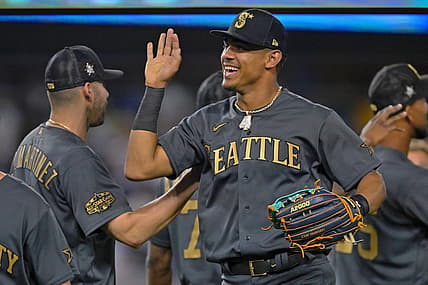 Jul 19, 2022; Los Angeles, California, USA; American League outfielder Julio Rodriguez (44) of the Seattle Mariners celebrates after winning the 2022 MLB All Star Game at Dodger Stadium. Mandatory Credit: Jayne Kamin-Oncea-USA TODAY Sports