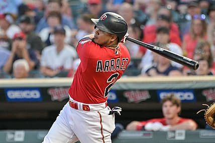Jul 1, 2022; Minneapolis, Minnesota, USA; Minnesota Twins designated hitter Luis Arraez (2) in action against the Baltimore Orioles at Target Field. Mandatory Credit: Jeffrey Becker-USA TODAY Sports