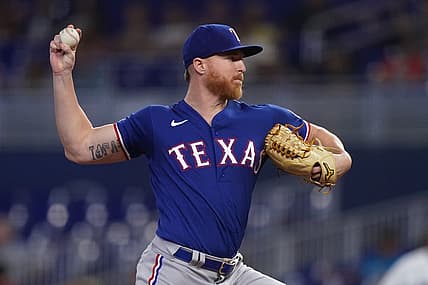 Jul 21, 2022; Miami, Florida, USA; Texas Rangers starting pitcher Jon Gray (22) delivers a pitch in the first inning against the Miami Marlins at loanDepot park. Mandatory Credit: Jasen Vinlove-USA TODAY Sports