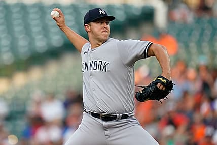 Jul 22, 2022; Baltimore, Maryland, USA;  New York Yankees starting pitcher Jameson Taillon (50) throws a first inning pitch against the Baltimore Orioles in the first inning at Oriole Park at Camden Yards. Mandatory Credit: Tommy Gilligan-USA TODAY Sports