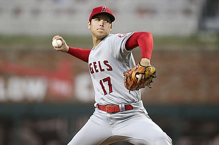 Jul 22, 2022; Atlanta, Georgia, USA; Los Angeles Angels starting pitcher Shohei Ohtani (17) throws against the Atlanta Braves in the second inning at Truist Park. Mandatory Credit: Brett Davis-USA TODAY Sports