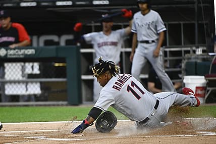 Jul 22, 2022; Chicago, Illinois, USA;  Cleveland Guardians third baseman Jose Ramirez (11) scores against the Chicago White Sox during the first inning at Guaranteed Rate Field. Mandatory Credit: Matt Marton-USA TODAY Sports
