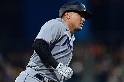 Jul 22, 2022; Pittsburgh, Pennsylvania, USA; Miami Marlins right fielder Avisail Garcia (24) rounds the bases after hitting a home run during the seventh inning against the Pittsburgh Pirates at PNC Park. Mandatory Credit: David Dermer-USA TODAY Sports