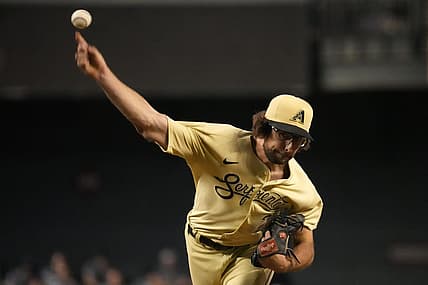 Jul 22, 2022; Phoenix, Arizona, USA; Arizona Diamondbacks starting pitcher Zac Gallen (23) pitches against the Washington Nationals during the sixth inning at Chase Field. Mandatory Credit: Joe Camporeale-USA TODAY Sports
