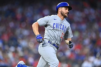 Jul 23, 2022; Philadelphia, Pennsylvania, USA; Chicago Cubs third baseman Patrick Wisdom (16) rounds first base after hitting a double against the Philadelphia Phillies in the eighth inning at Citizens Bank Park. Mandatory Credit: Kyle Ross-USA TODAY Sports