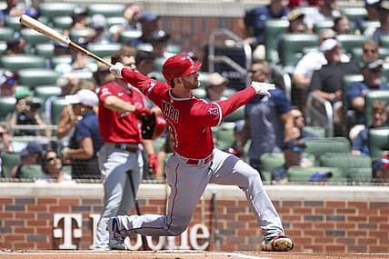 Jul 24, 2022; Atlanta, Georgia, USA; Los Angeles Angels right fielder Taylor Ward (3) hits a home run against the Atlanta Braves in the first inning at Truist Park. Mandatory Credit: Brett Davis-USA TODAY Sports
