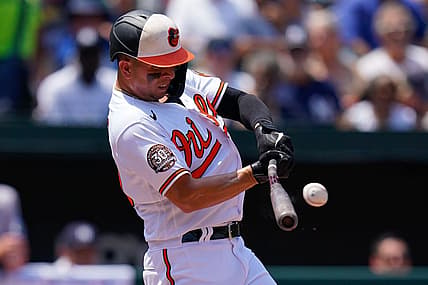 Jul 24, 2022; Baltimore, Maryland, USA; Baltimore Orioles second baseman Ramon Urias (29) singles during the second inning against the New York Yankees at Oriole Park at Camden Yards. Mandatory Credit: Tommy Gilligan-USA TODAY Sports