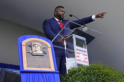 Jul 24, 2022; Cooperstown, New York, USA; Hall of Fame inductee David Ortiz gives his acceptance speech during the Baseball Hall of Fame Induction Ceremony at Clark Sports Center. Mandatory Credit: Gregory Fisher-USA TODAY Sports